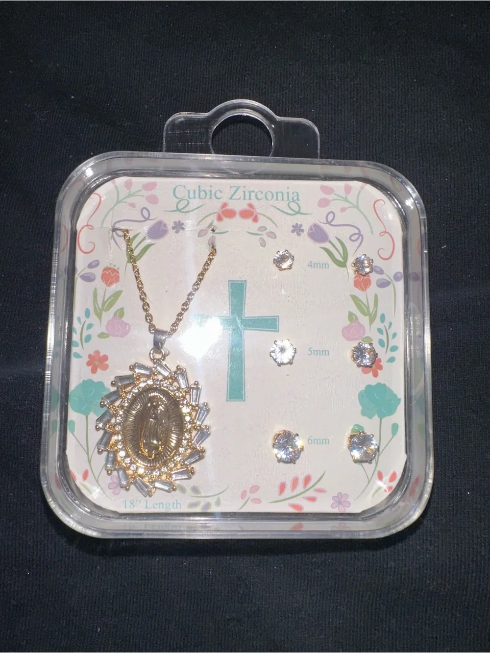 Virgin Mary Oval Pendant Necklace & CZ Stud Set — Gold Tone, 18